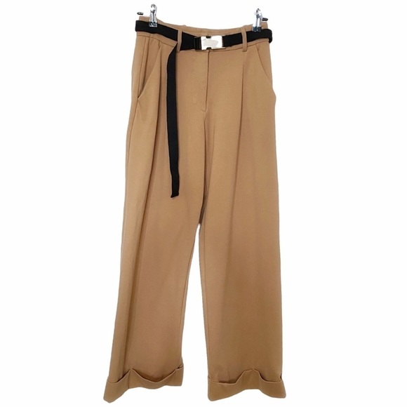 I AM GIA MIRA BEIGE BLACK METALLIC BUCKLE BELT HIGH RISE WIDE LEG STRETCH PANTS - Picture 2 of 12